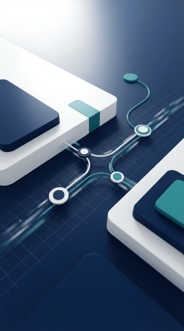 Abstract geometric composition suggesting efficiency and workflow automation — interconnected nodes, flowing data streams, and subtle grid patterns in a professional color palette of deep navy blue, crisp white, and accent teal. Abstract geometric composition suggesting efficiency and workflow automation — interconnected nodes, flowing data streams, and subtle grid patterns in a professional color palette of deep navy blue, crisp white, and accent teal.