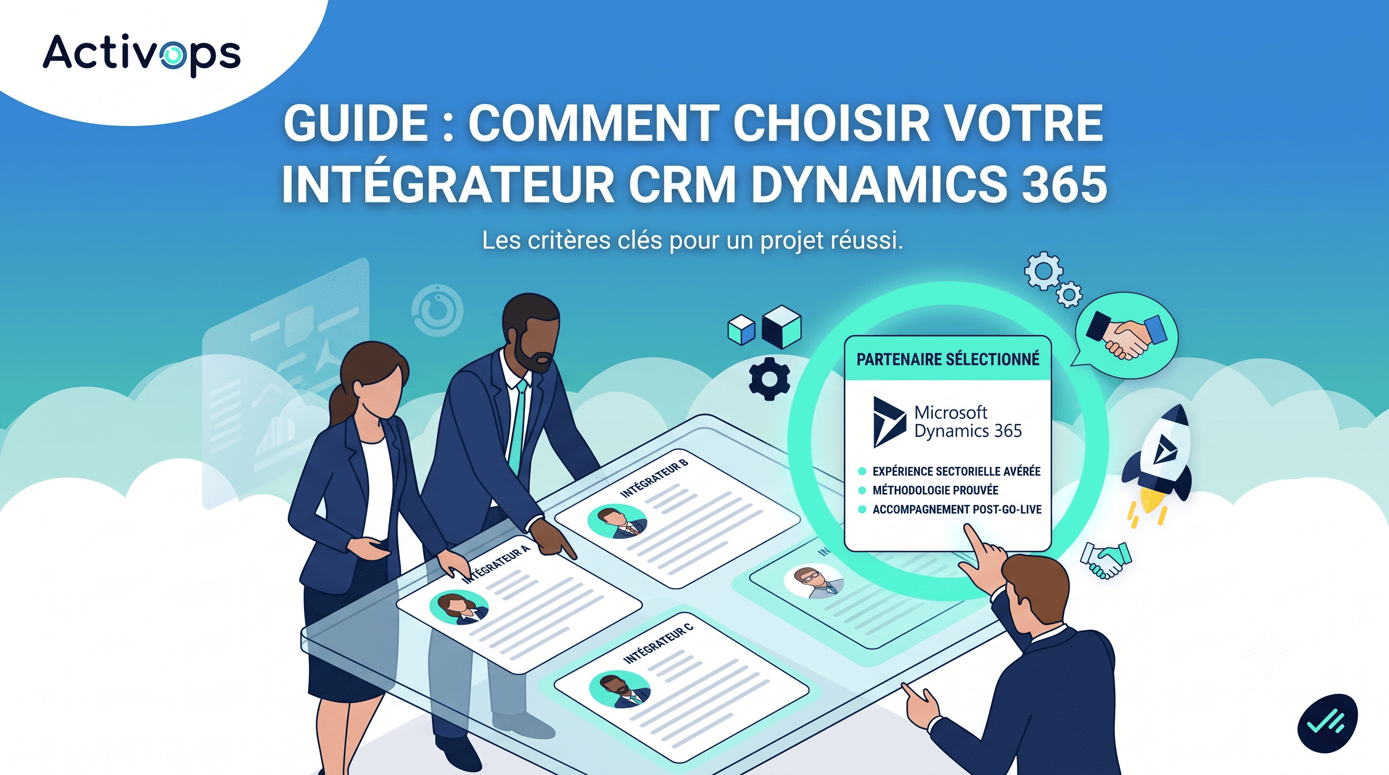 Une illustration de style vectoriel montre une équipe professionnelle évaluant des profils d'intégrateurs sur une table tactile. Le titre principal est "GUIDE : COMMENT CHOISIR VOTRE INTÉGRATEUR CRM DYNAMICS 365