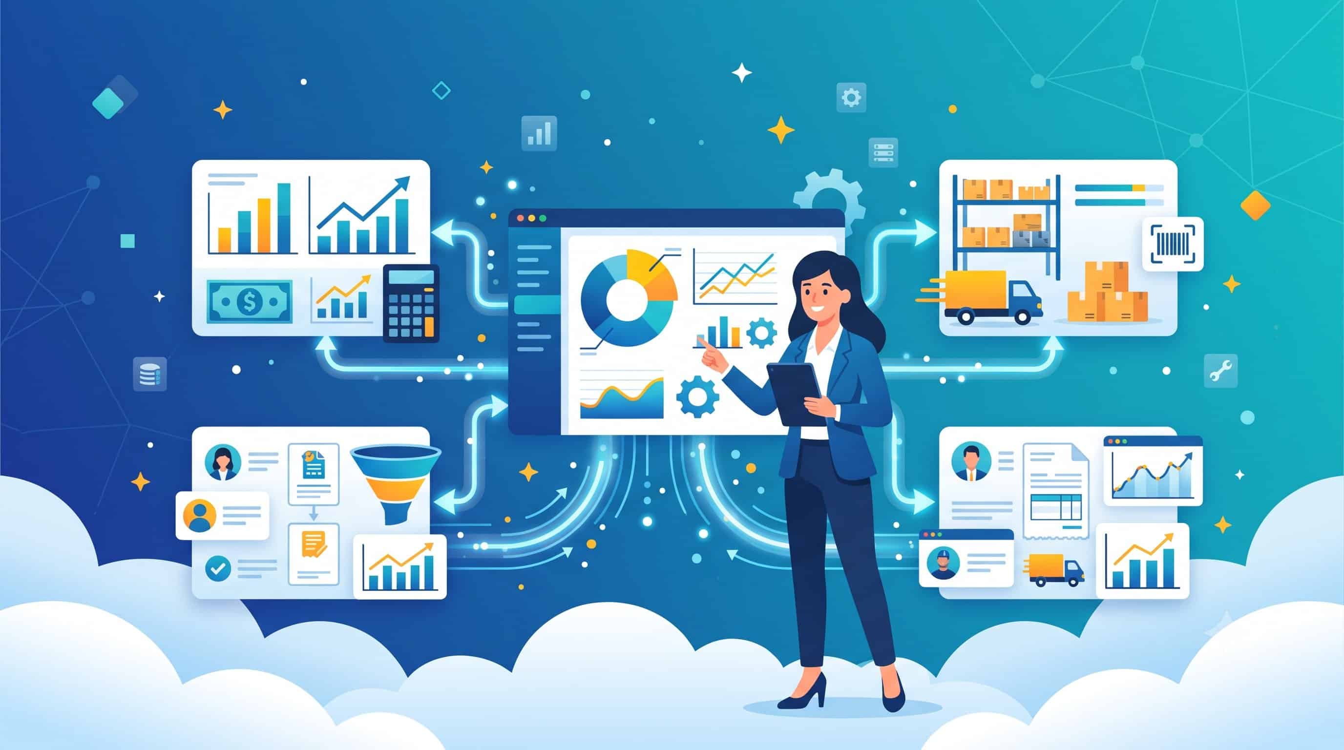 Illustration ERP Business Central : centralisation des données finance, ventes, achats et stocks pour une PME