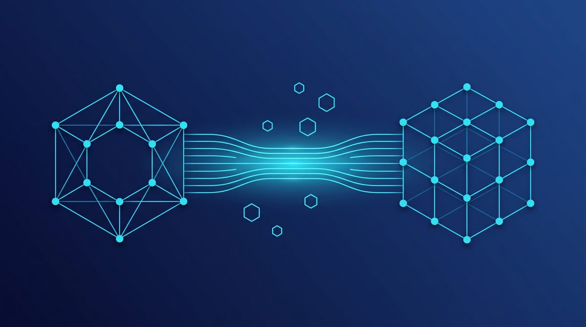 Illustration d'un pont de données bidirectionnel reliant un CRM et un ERP, symbole de l'intégration CRM-ERP en PME