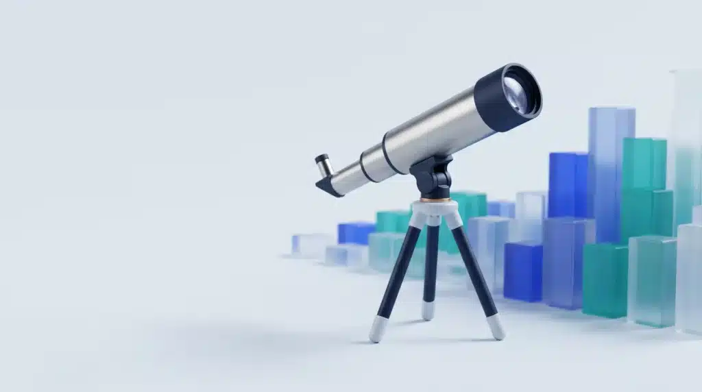 Illustration : longue-vue tournée vers un horizon de graphiques, image des perspectives du marché