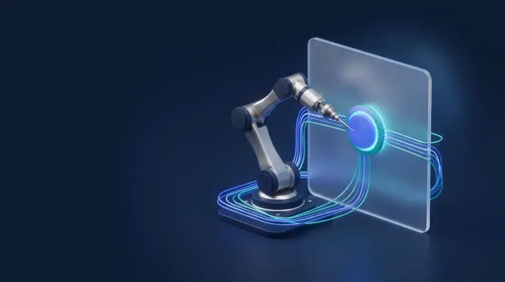 Illustration : bras robotisé appuyant sur un bouton lumineux, image de l'automatisation des tâches