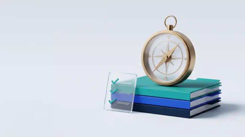 Illustration : boussole posée sur des dossiers d'appels d'offres, symbole d'un pilotage maîtrisé