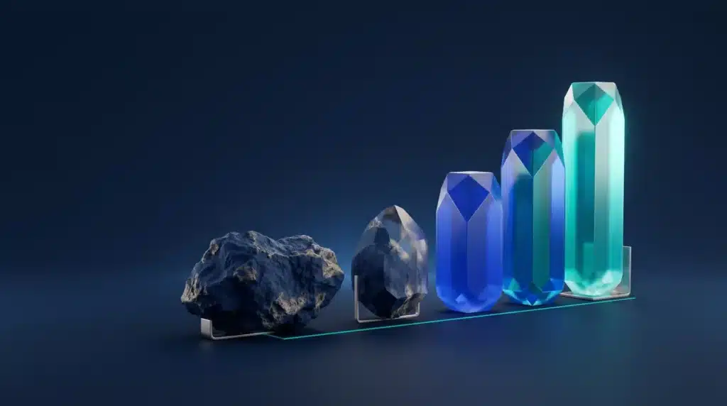 Illustration : minerai brut transformé en prismes taillés, la donnée devenue indicateur de performance