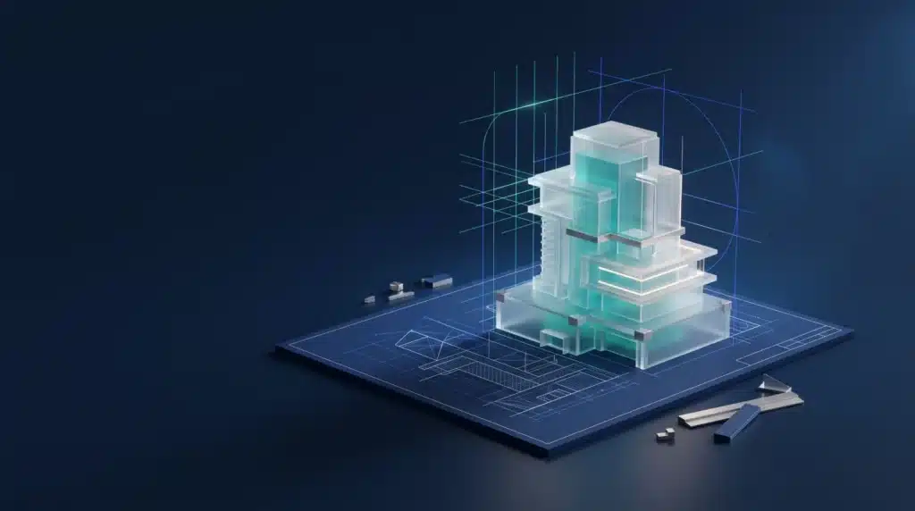 Illustration : maquette de bâtiment s'élevant d'un plan d'architecte, une transformation guidée par le métier