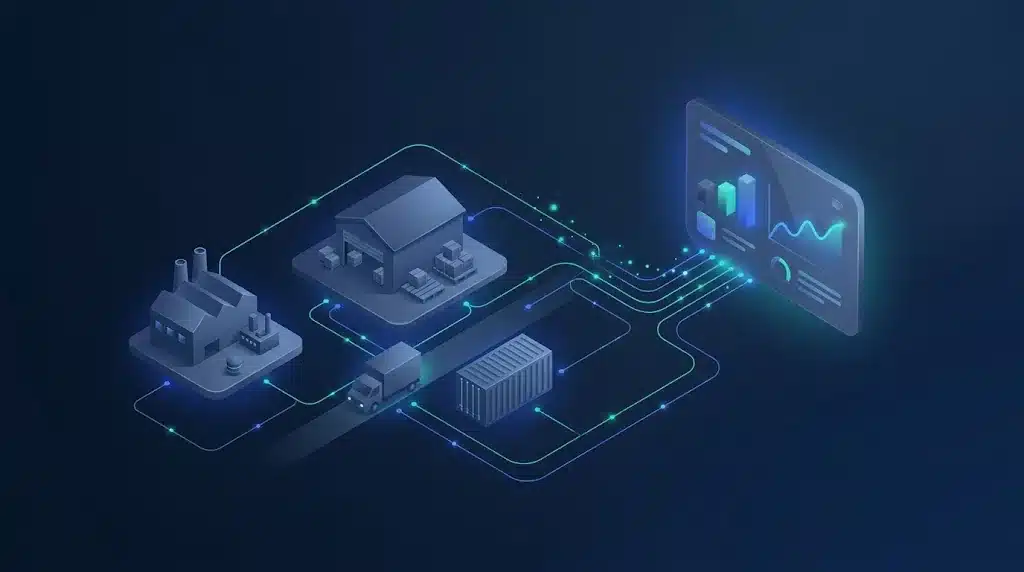 Illustration : chaîne de distribution B2B connectée, de l’entrepôt au client