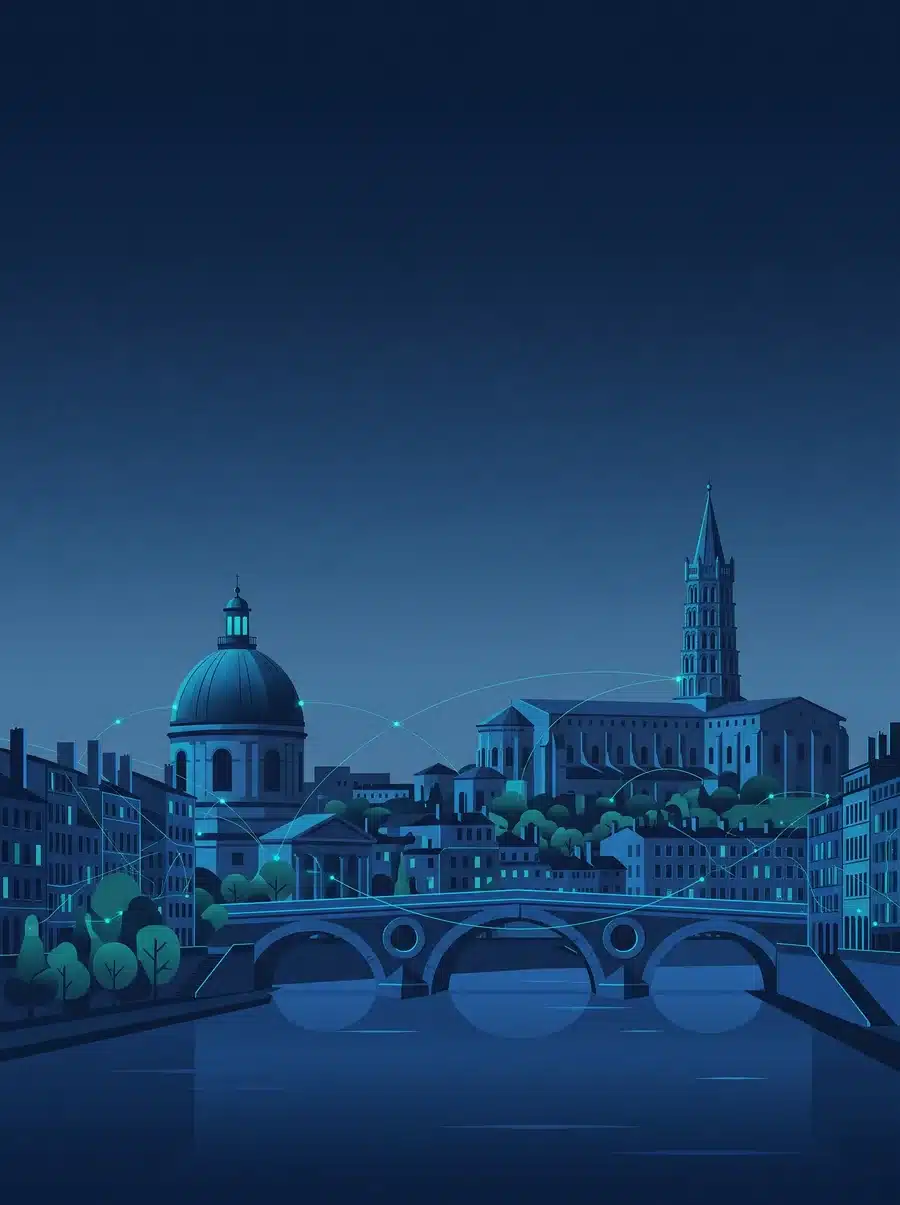 Illustration de Toulouse au crépuscule, Pont-Neuf sur la Garonne, dôme de la Grave et clocher de Saint-Sernin, aux couleurs d’Activops
